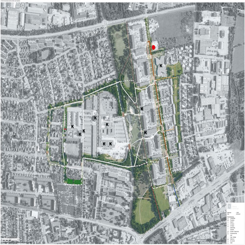 "K" markerer, hvor der er kunstværker i området, og den røde prik er Stengårdsvejssekretariatets infoboks, vi bruger som mødested for vores Walk the Loop